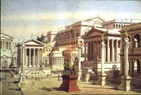 Vista della parte meridionale del Foro Romano con al centro il tempio del Divo Giulio, la statua dell'Imperatore Costantino, ed a destra la Basilica Giulia